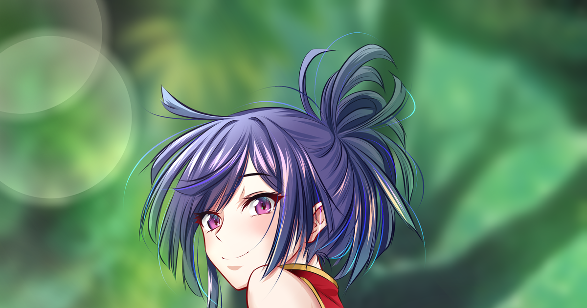 purple hair, smiling, looking at viewer, Hell's Paradise: Jigokuraku,  Yuzuriha of Keishu, nature, trees, flowers, anime, Anime screenshot, anime  girls