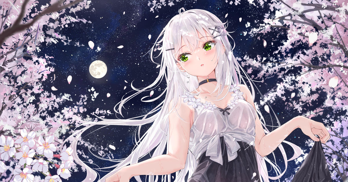 Girl White Hair Sakura 月夜の桜に誘われて Pixiv