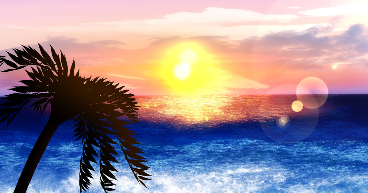 southern island, sea, setting sun / 常夏- pixiv