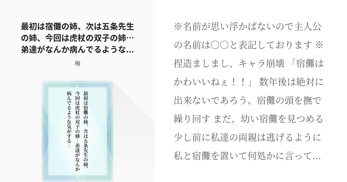 1 最初は宿儺の姉 次は五条先生の姉 今回は虎杖の双子の姉 弟達がなんか病んでるような気がする Pixiv