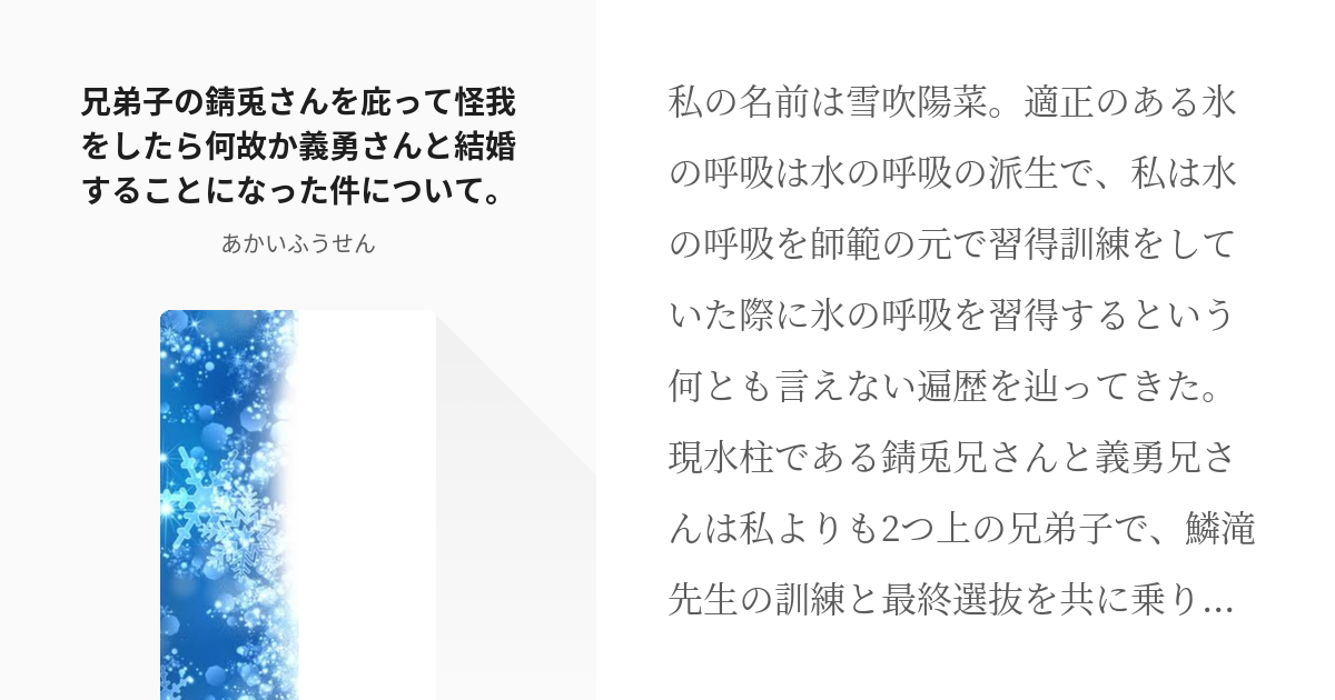 夢小説 鬼滅の夢 兄弟子の錆兎さんを庇って怪我をしたら何故か義勇さんと結婚することになった件について Pixiv