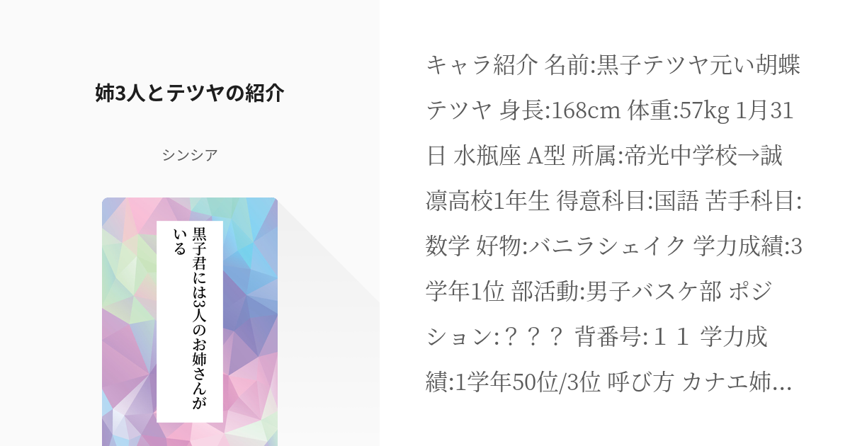 1 姉3人とテツヤの紹介 黒子君には3人のお姉さんがいる シンシア の小説シリーズ Pixiv