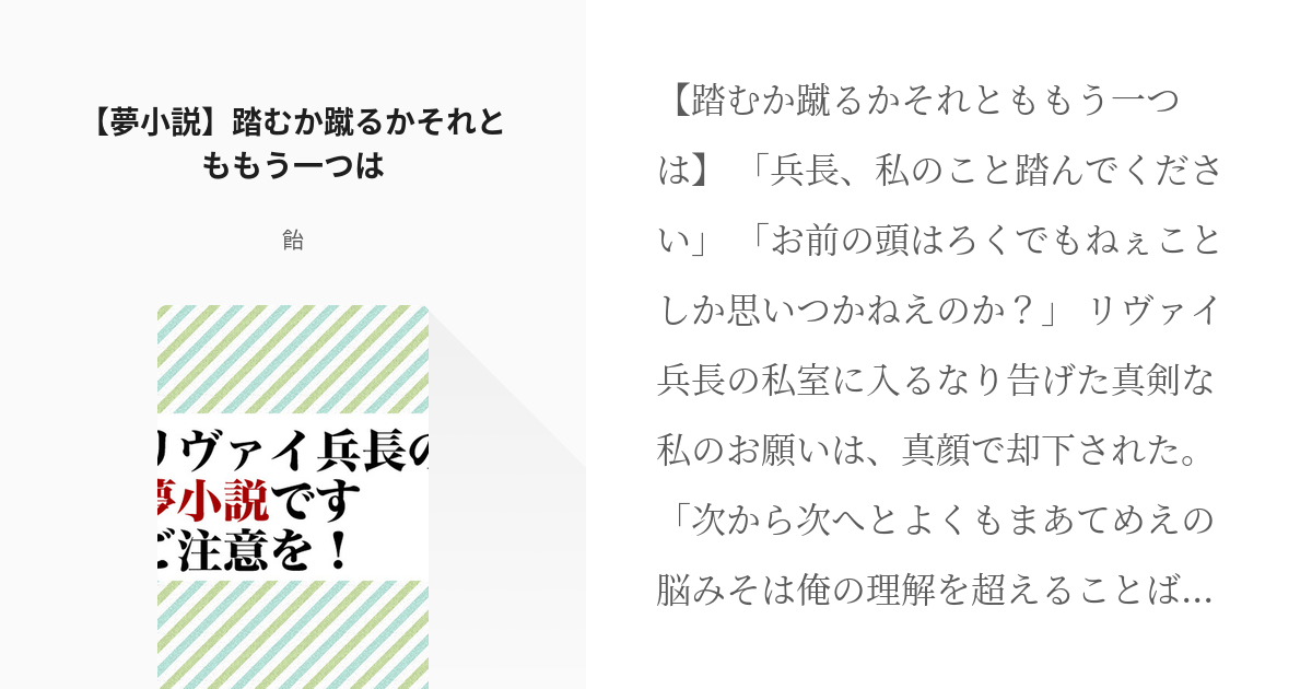 リヴァイ 進撃の巨人 夢小説 踏むか蹴るかそれとももう一つは 飴の小説 Pixiv