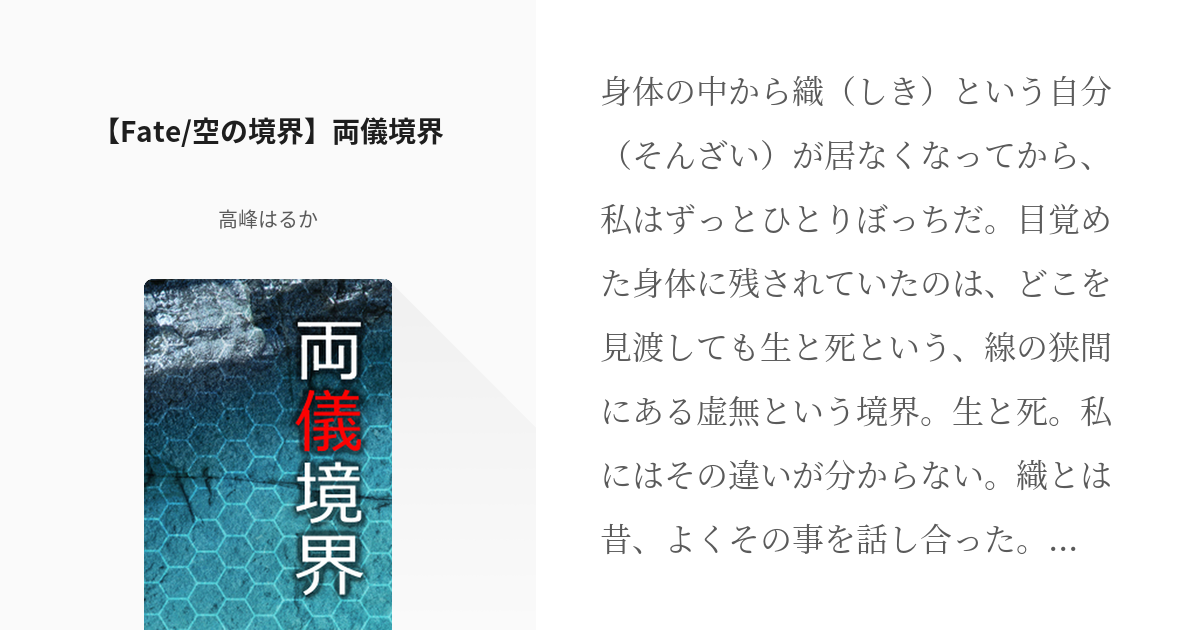 1 Fate 空の境界 両儀境界 エミヤゼロ 高峰はるかの小説シリーズ Pixiv