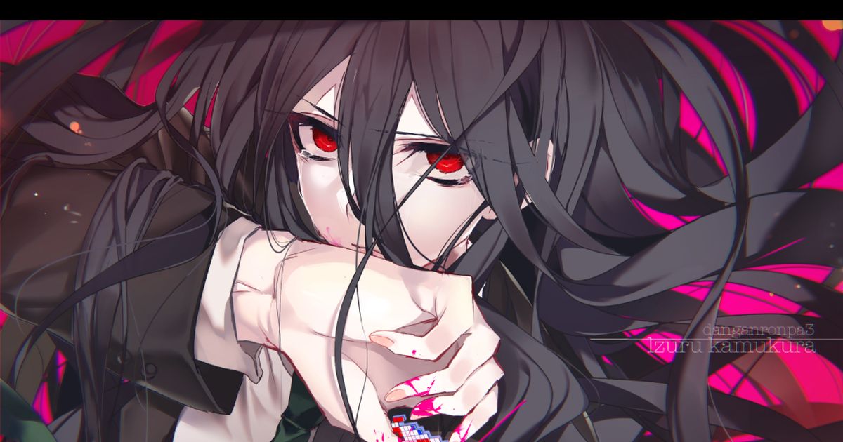 Glossy hair and eyes. Black hair and Red Eyes